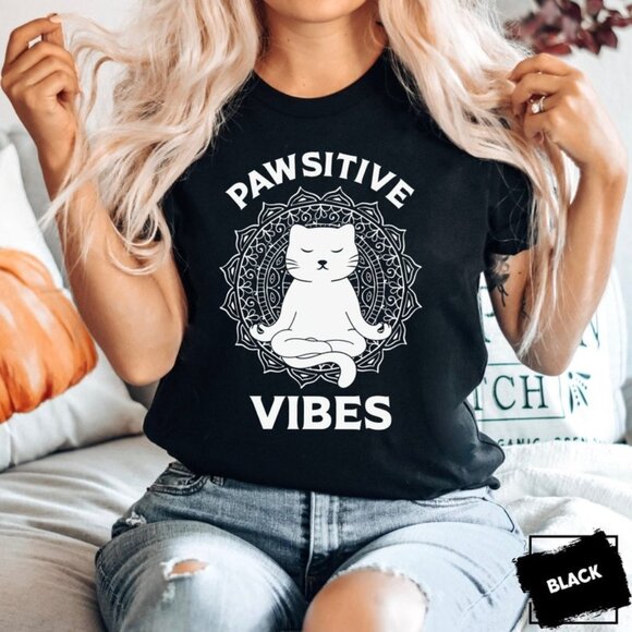 Funny Cat Shirt, Yoga Shirt, Pawsitive Vibes Shirt - Picture 1 of 3